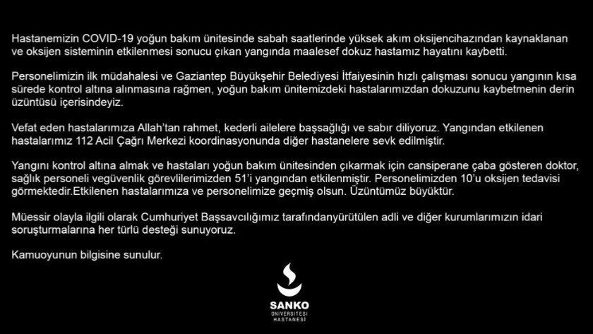 Gaziantep Sanko Üniversitesi Hastanesi'nden başsağlığı mesajı