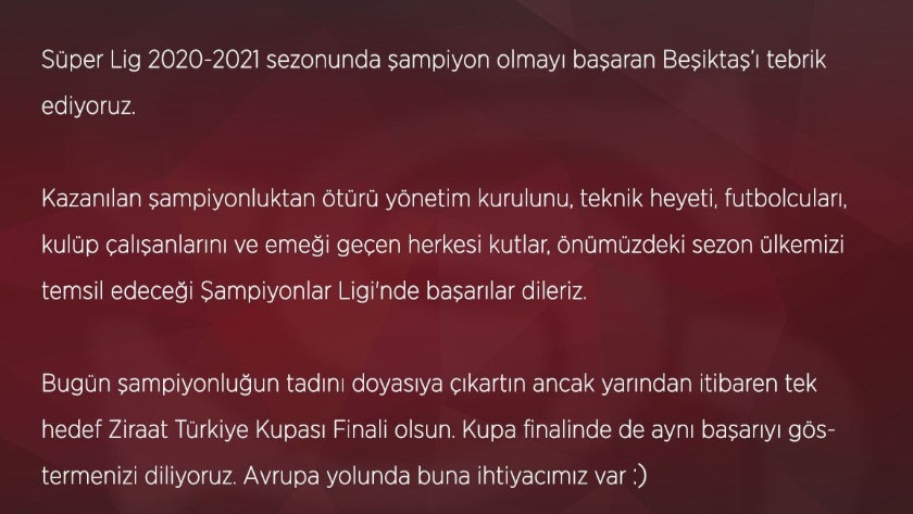 Sivasspor Beşiktaş’ı tebrik etti!