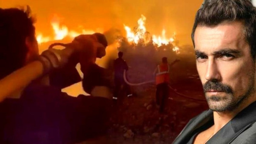 Oyuncu İbrahim Çelikkol Milas'taki orman yangınında alevlerin içine hortumla daldı