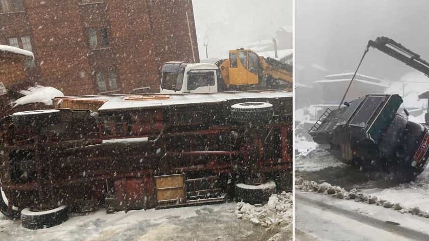 Rize'de kar ve buzlanmadan dolayı karavan devrildi!