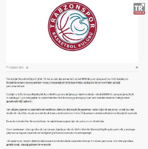 Trabzonspor Basketbol, yabancıların maça çıkmayacağı yönündeki iddiaları yalanladı