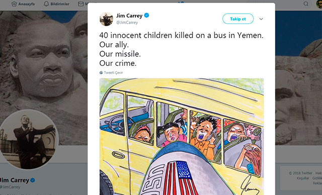 Jim Carrey'den 'Yemen' tepkisi: Bizim müttefikimiz, bizim füzemiz, bizim suçumuz