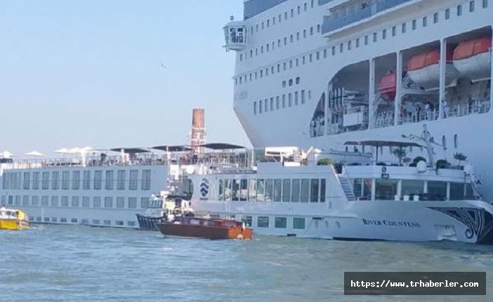 Kontrolden çıkan cruise gemisi, bir gemiye ve limana çarptı! video izle