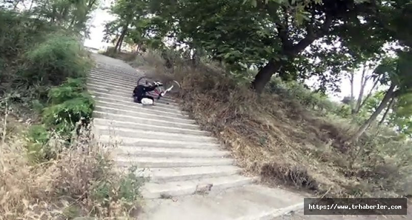 Merdivenlerden bisikletle şov yapmak isteyen genç ölümden döndü! video izle