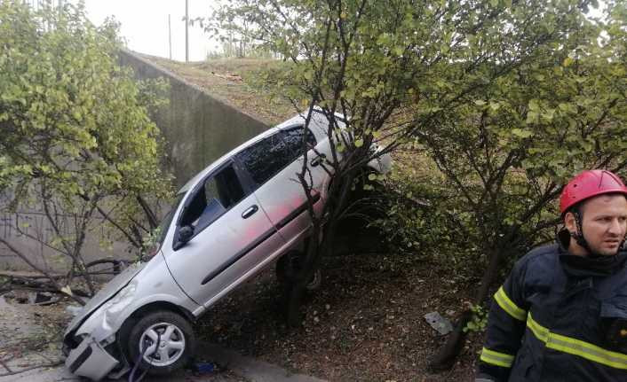 Alkollü sürücünün kontrolünden çıkan otomobil ağaca asılı kaldı
